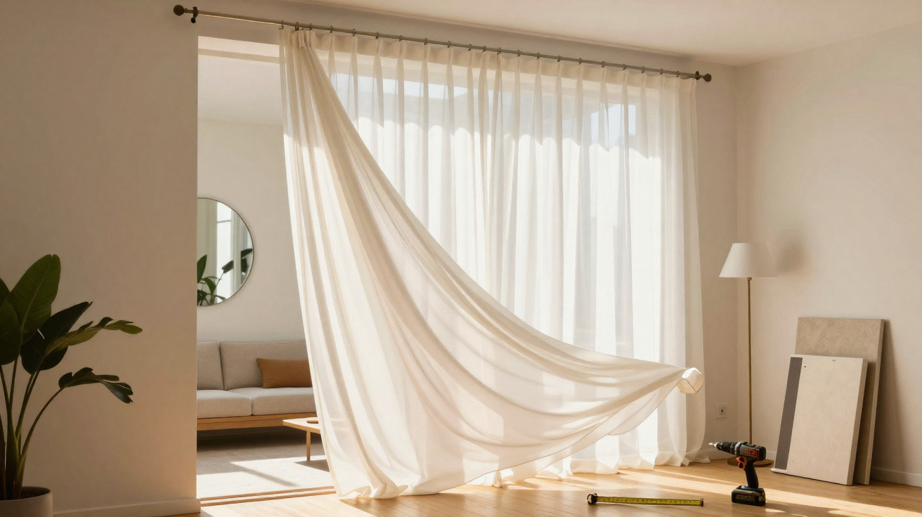 Cortina branca soprando com luz natural em sala clara com sofá, planta, espelho e ferramentas no chão.