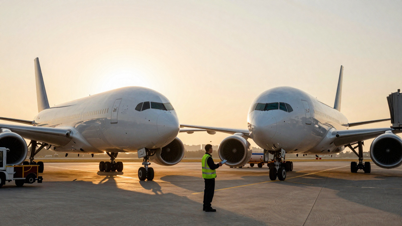 Dois aviões brancos estacionados no aeroporto ao pôr do sol com um funcionário de colete verde entre eles.