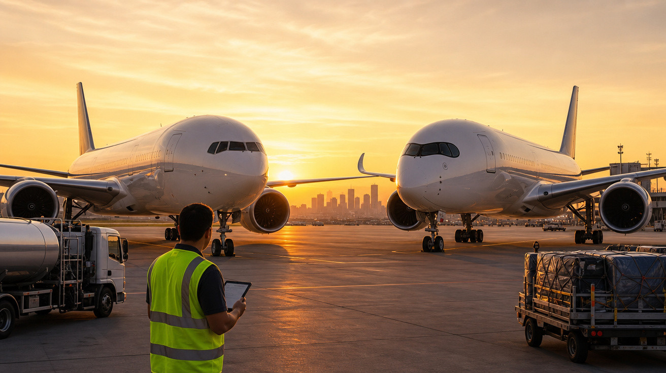 Funcionário de aeroporto observa dois aviões estacionados no pátio durante o pôr do sol.