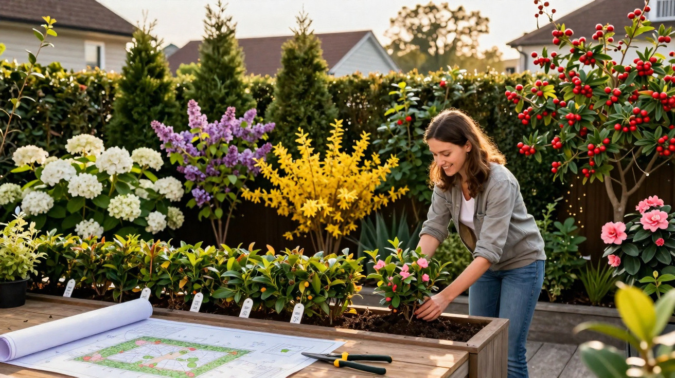 Mulher cuidando de plantas em jardim florido com plano de paisagismo sobre mesa de madeira.