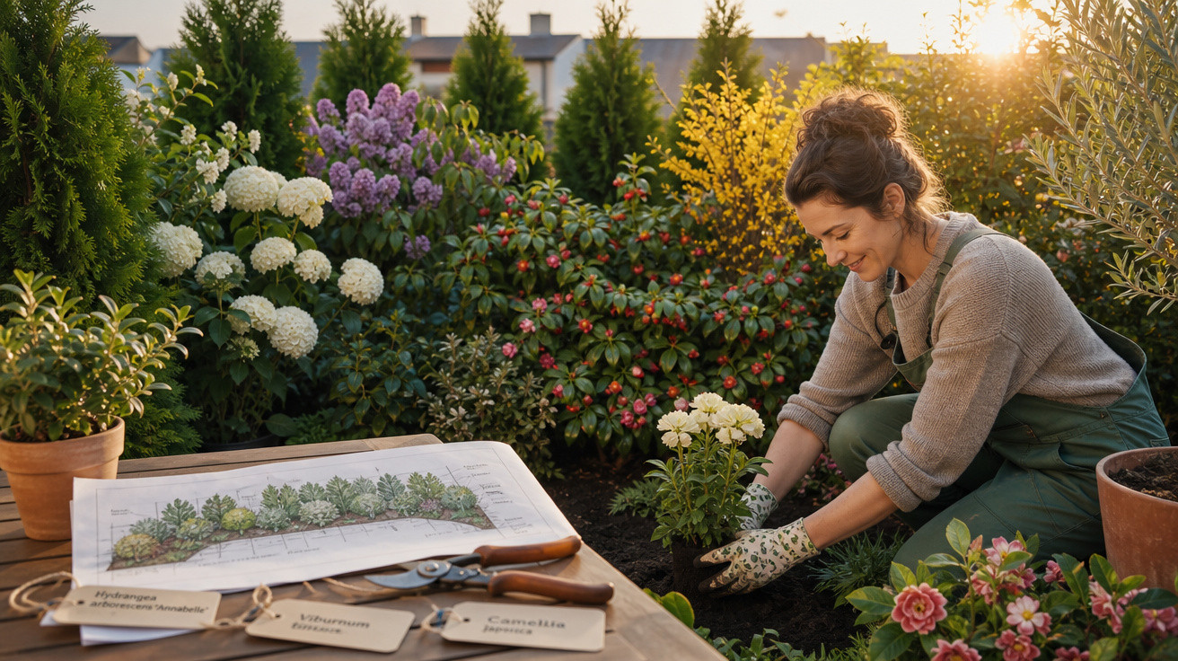 Mulher sorridente plantando flores em jardim ao pôr do sol com plano de paisagismo ao lado.