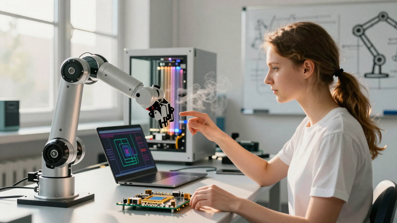 Mulher trabalhando com braço robótico e computador em laboratório tecnológico iluminado.
