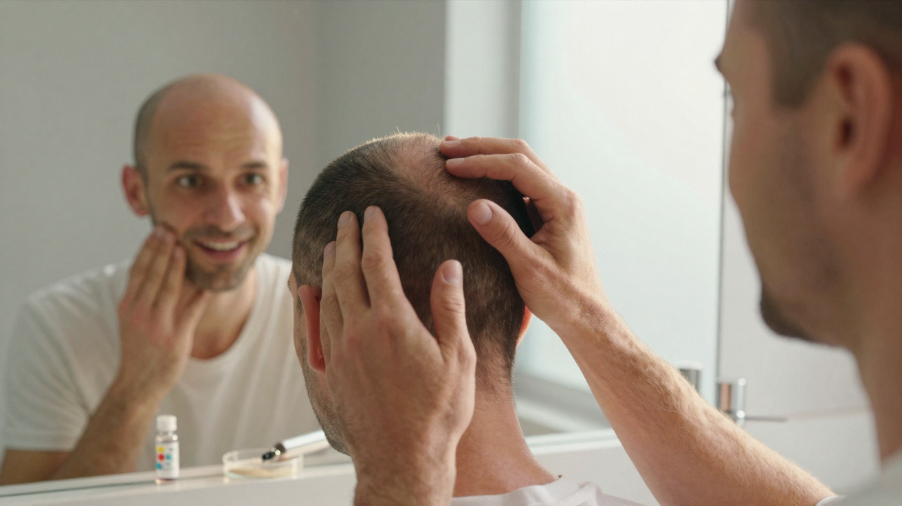Homem careca olha no espelho e toca o couro cabeludo com expressão facial satisfeita.
