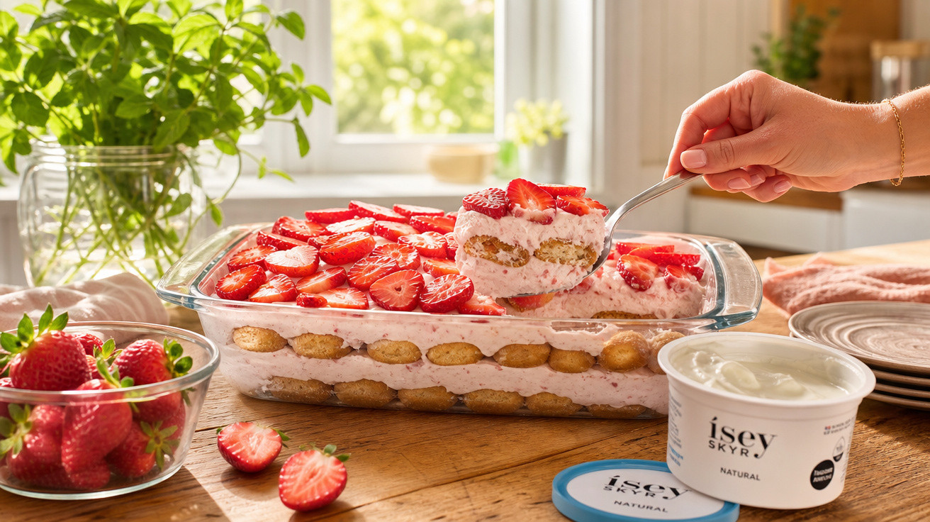 Sobremesa de morango com camadas de biscoito e creme em travessa de vidro, perto de pote de iogurte natural.