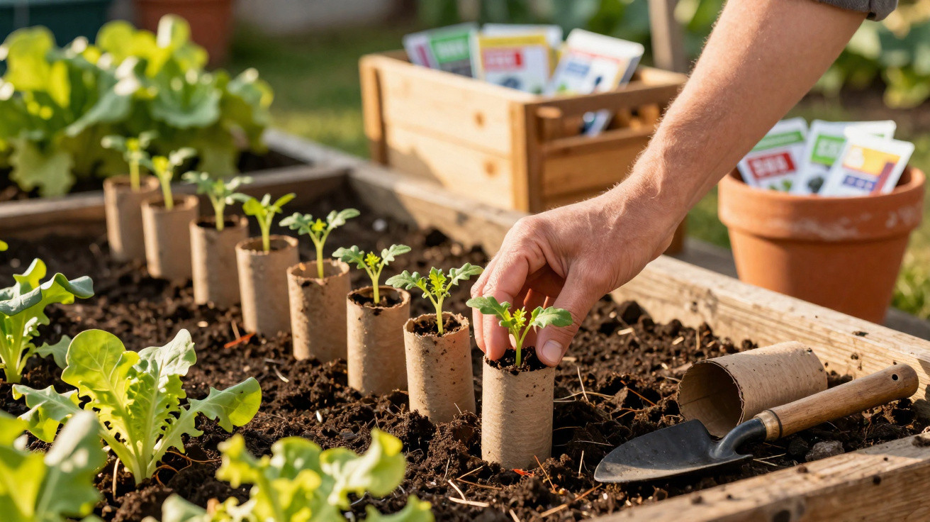 Mão planta muda em vaso biodegradável na horta com sementes e ferramentas ao fundo.