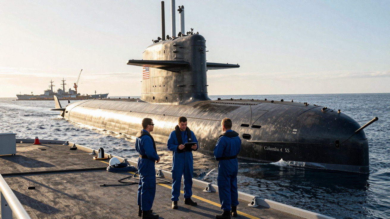 Três militares em macacão azul conversam no convés ao lado de um submarino preto ancorado no mar.