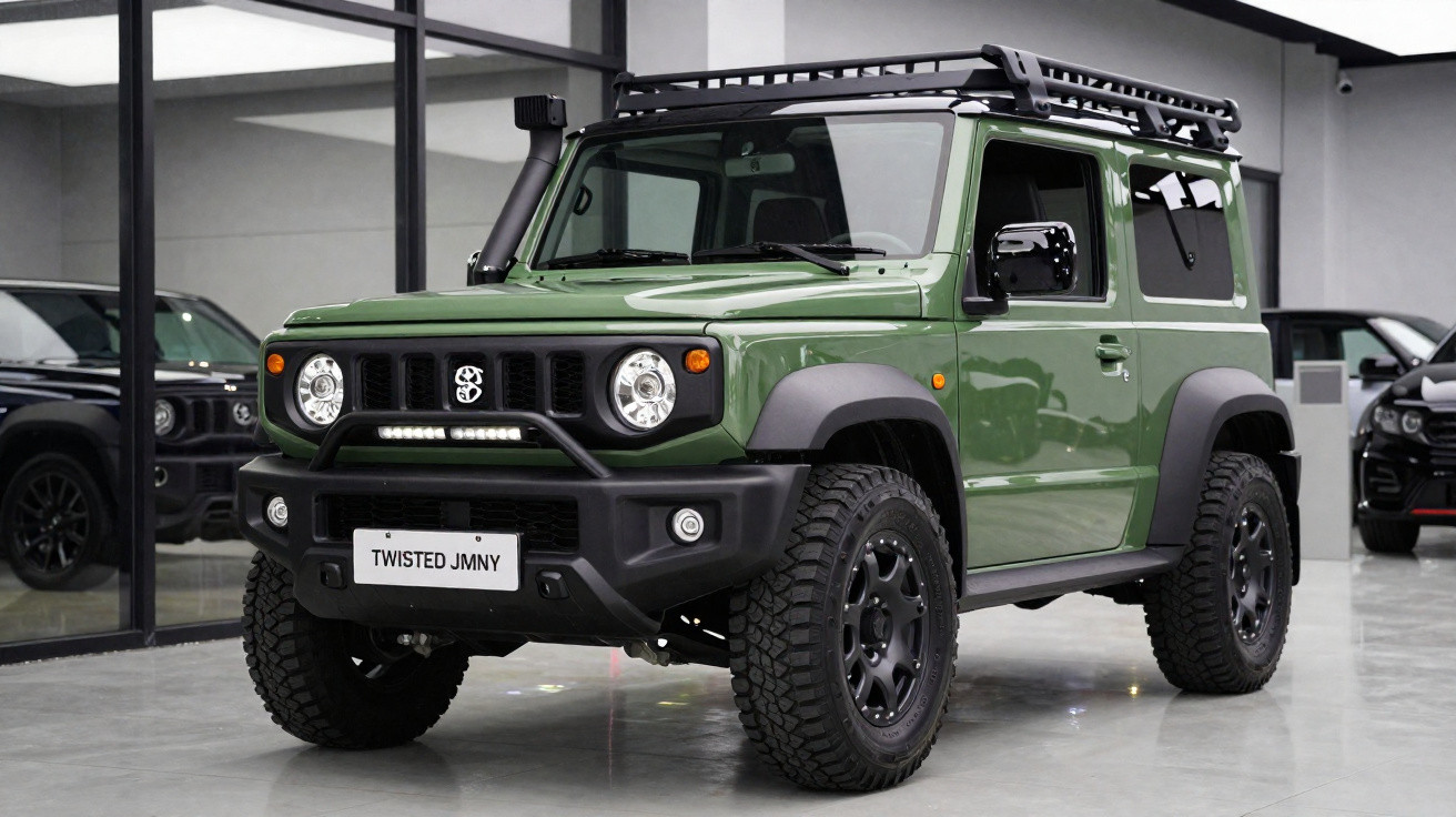 Veículo off-road verde com pneus grandes e rack de teto em showroom moderno.