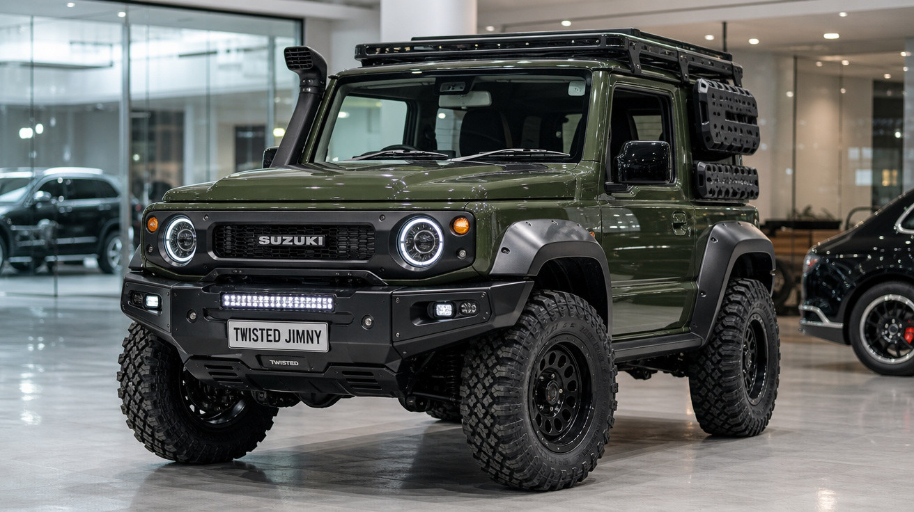 Carro Suzuki Jimny verde militar personalizado com acessórios off-road em showroom moderno.