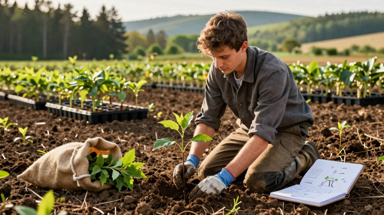 Jovem plantando muda de árvore em campo, com caderno e sacola de mudas ao lado, em área rural.