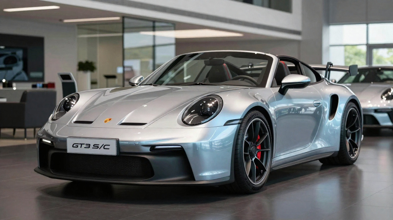 Carro esportivo conversível prata Porsche GT3 S/C estacionado em showroom moderno.