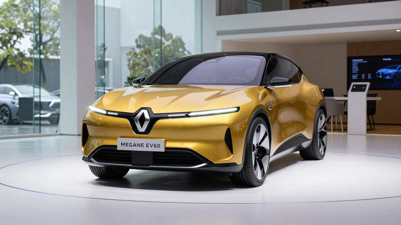 Carro elétrico Renault Megane EV60 dourado exposto em showroom moderno com vidro.