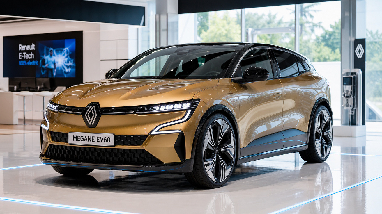 Carro elétrico Renault Megane EV60 dourado exibido em showroom moderno e iluminado.