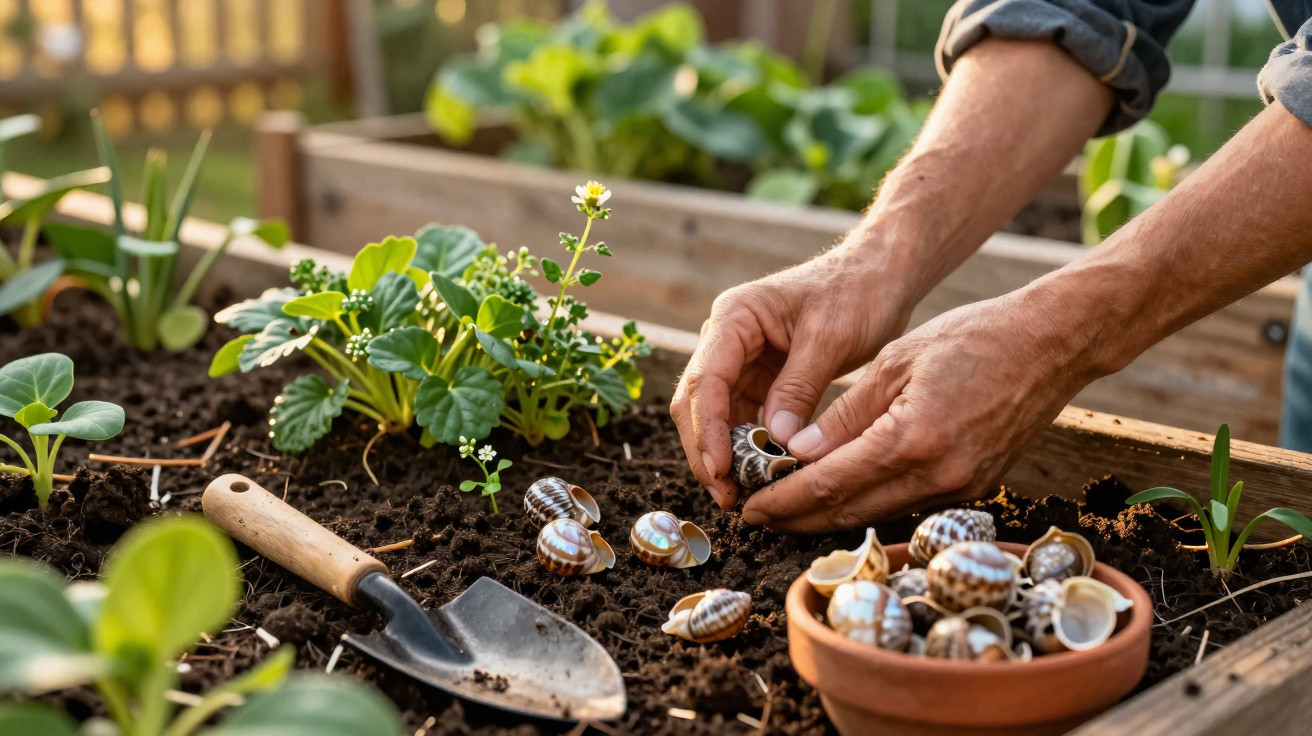 Mãos organizando caracóis em um envasamento de barro sobre vaso com plantas e terra.
