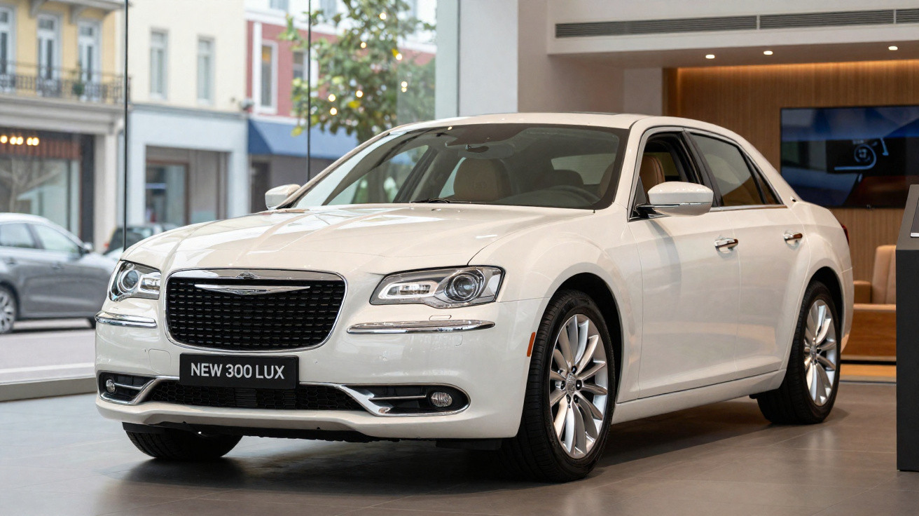 Carro sedan branco Chrysler New 300 Lux exibido em showroom moderno com janelas amplas.