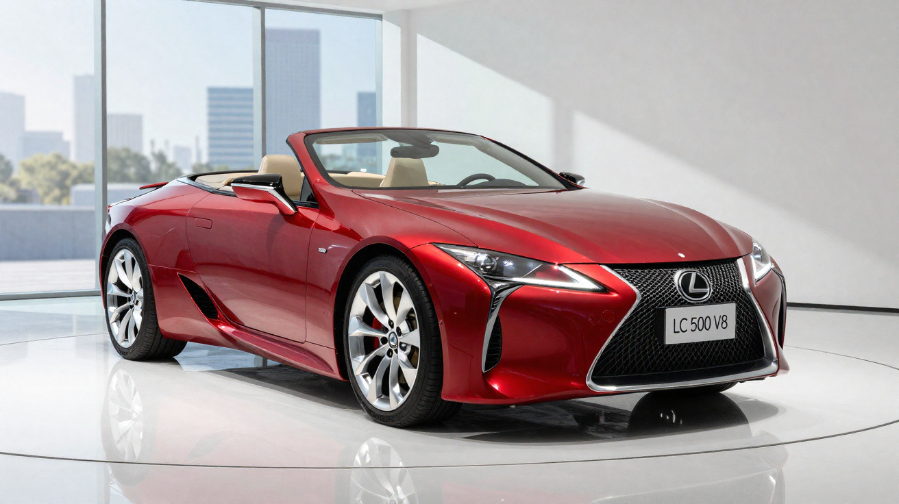 Carro conversível esportivo vermelho Lexus LC 500 V8 em ambiente interno moderno e iluminado.