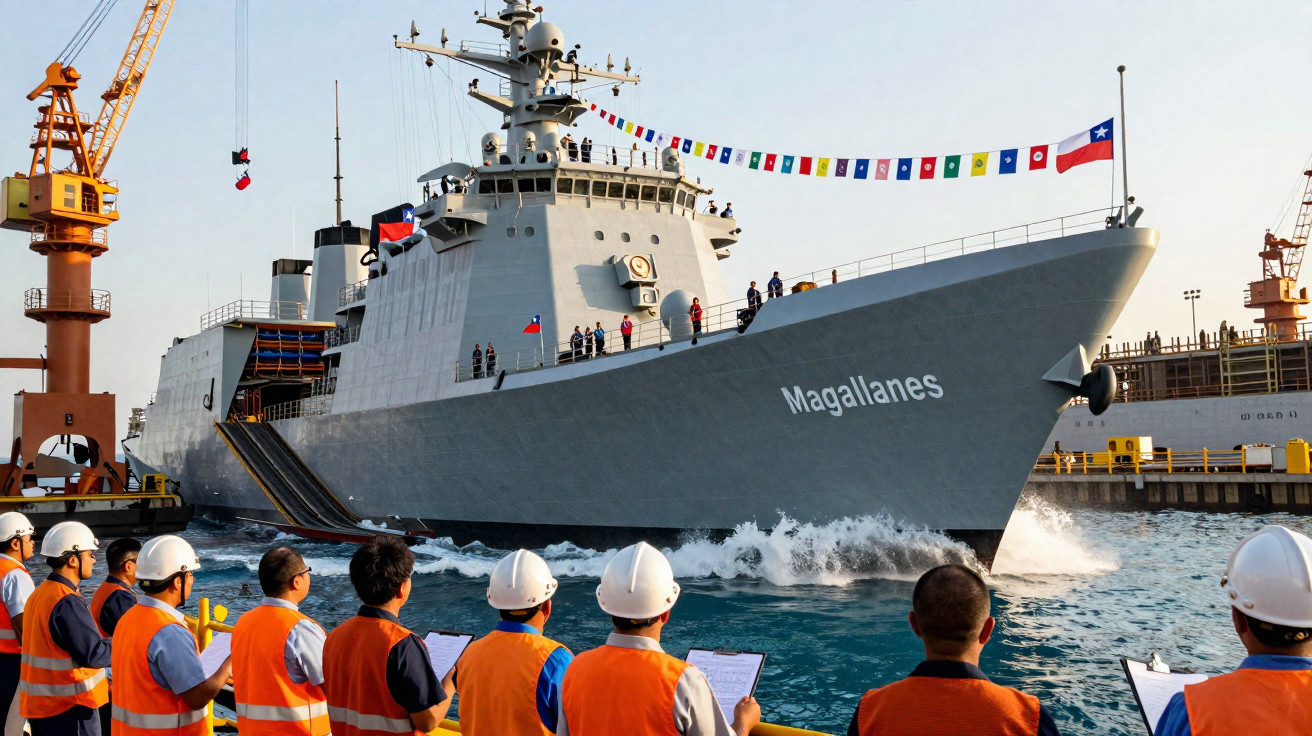 Navio de guerra Magallanes com bandeiras ao longo do convés e trabalhadores com capacetes e coletes laranja observando.