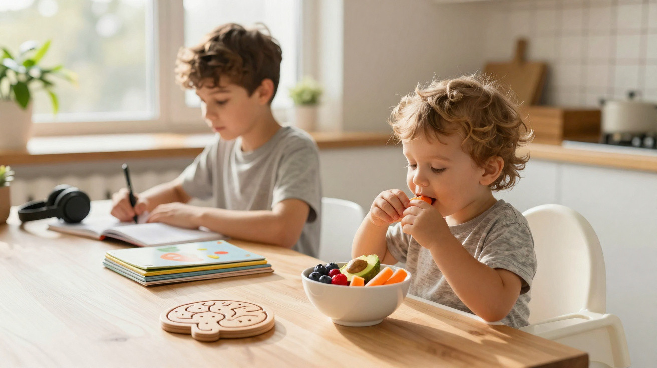 Criança pequena comendo legumes e frutas enquanto outra criança escreve em caderno na mesa da cozinha.