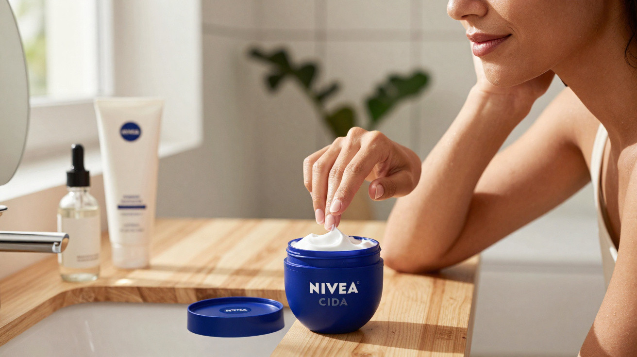 Pessoa aplicando creme facial Nivea Cuidá em ambiente claro e aconchegante com bancada de madeira.