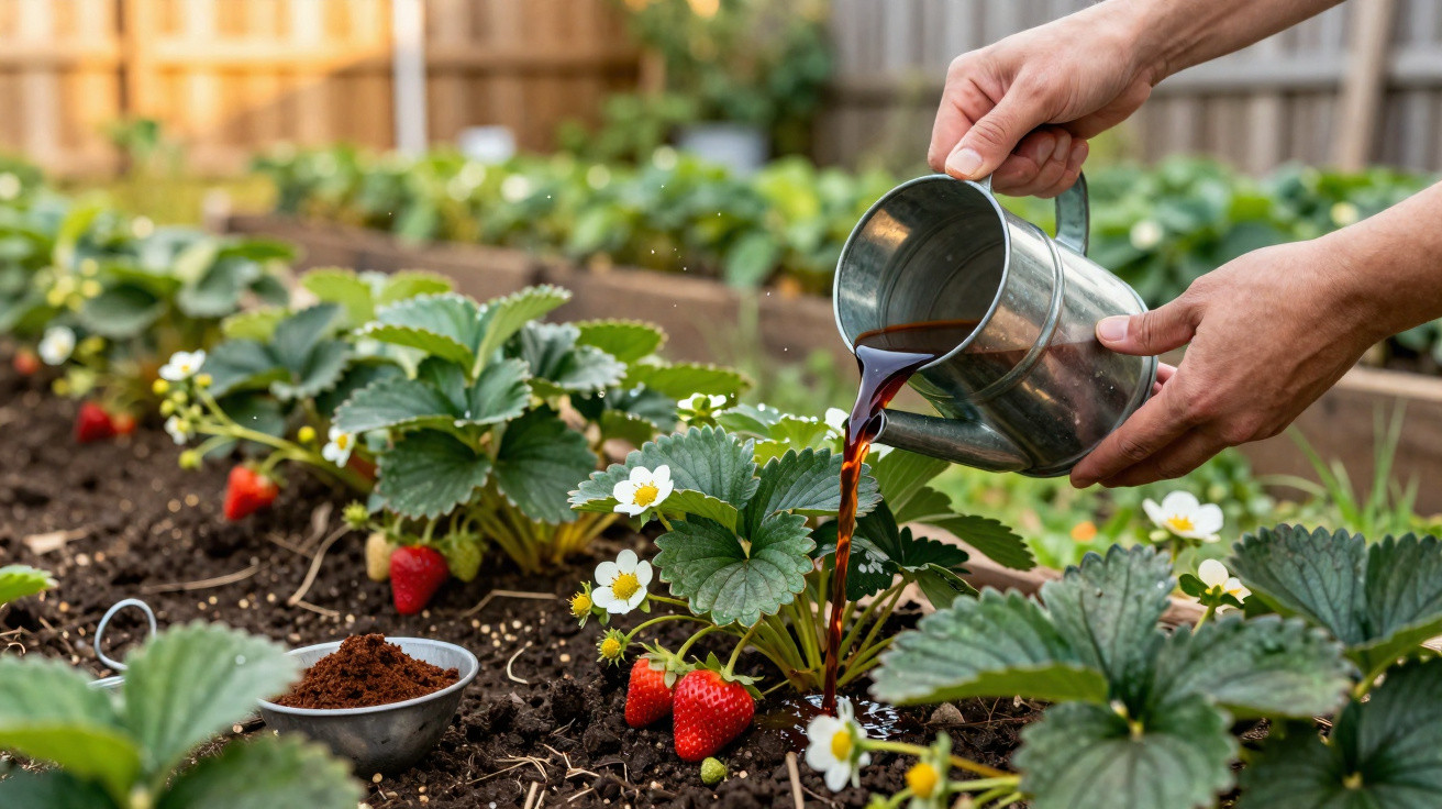 Pessoa regando planta de morango com regador de metal em horta com frutas vermelhas maduras.