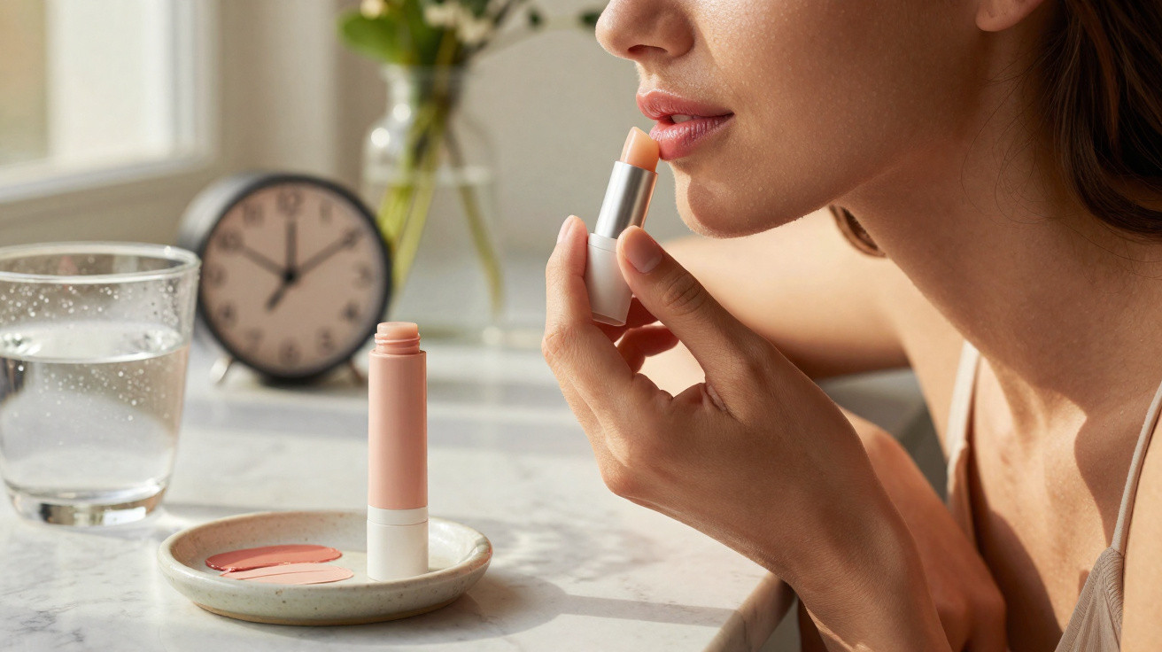 Mulher aplicando protetor labial em ambiente claro com vaso, relógio e copo d'água ao fundo.