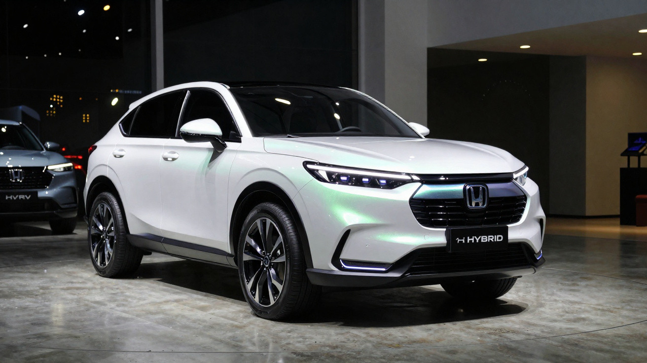 Carro SUV branco Honda híbrido exibido em um showroom moderno com piso de concreto.