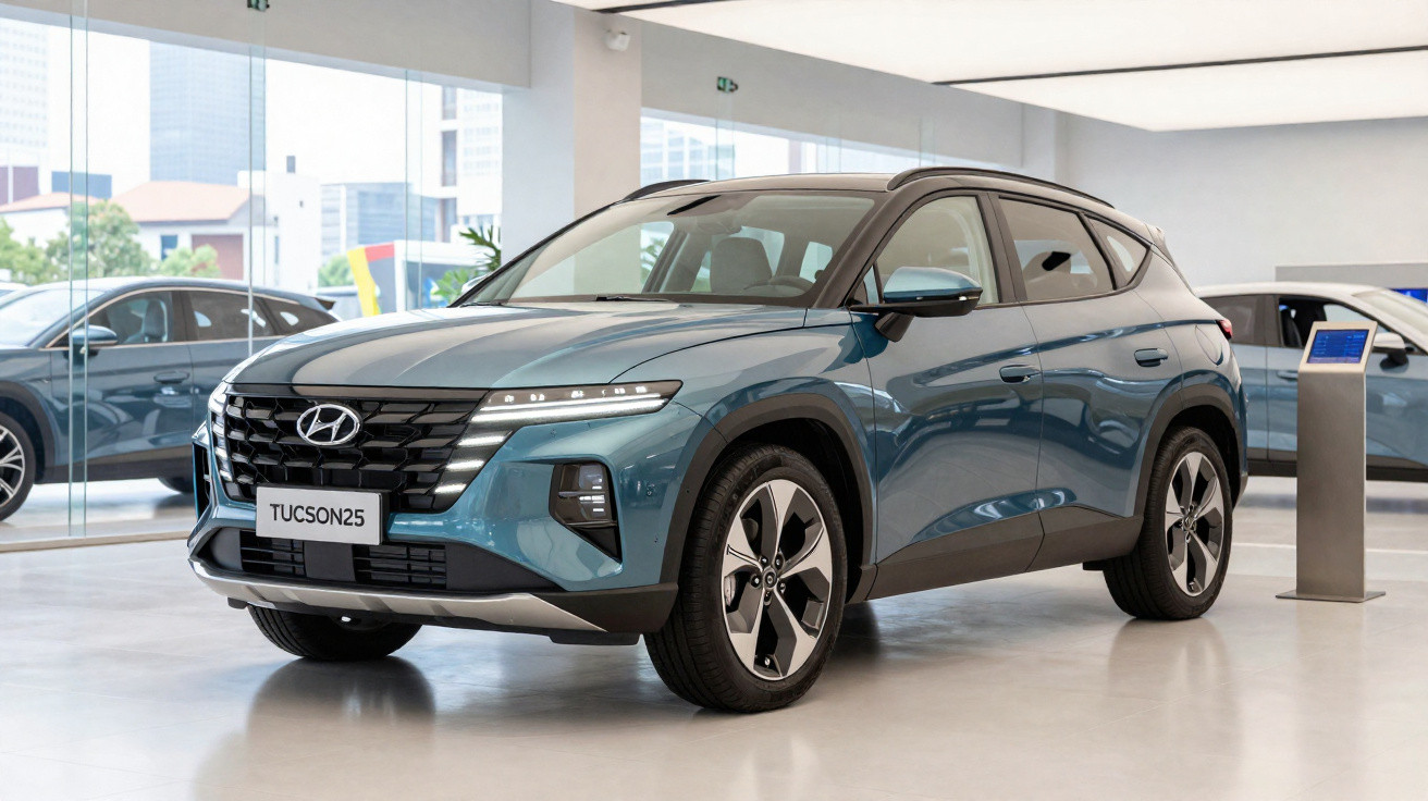 SUV Hyundai Tucson 2025 azul exibido em showroom moderno com piso claro e grandes janelas de vidro.
