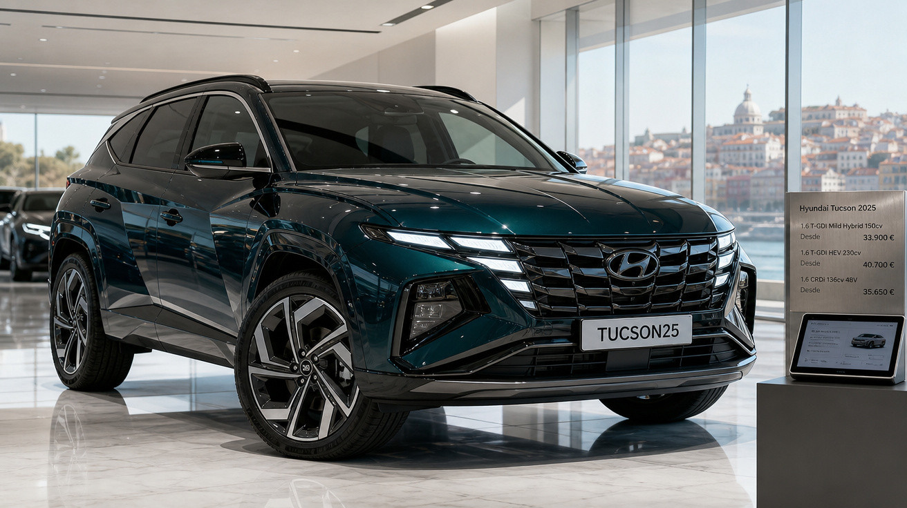SUV Hyundai Tucson 2025 preto exibido em showroom com vista de cidade ao fundo.