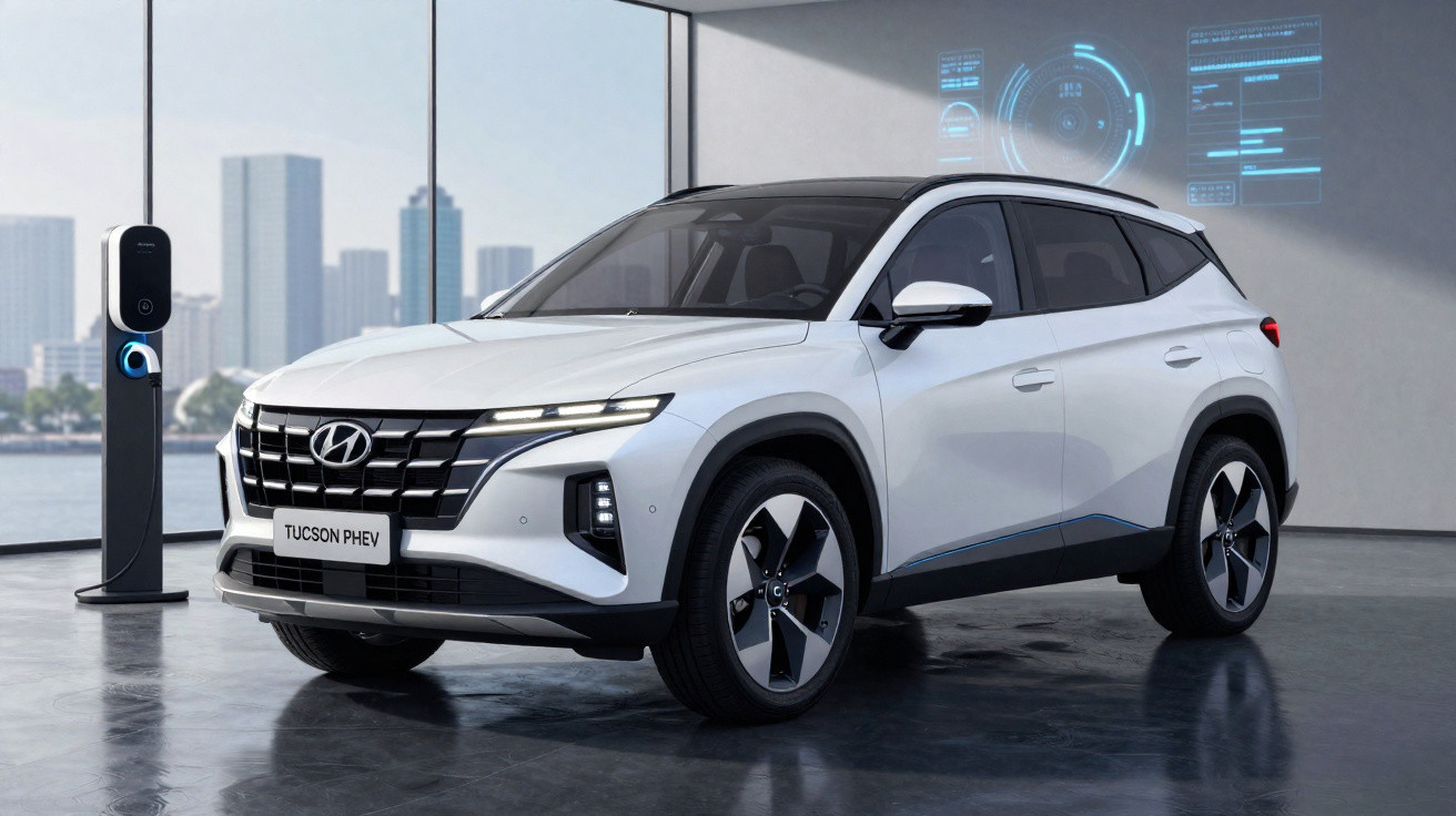 Carro SUV Hyundai Tucson PHEV branco, elétrico, estacionado em ambiente urbano com ponto de recarga.