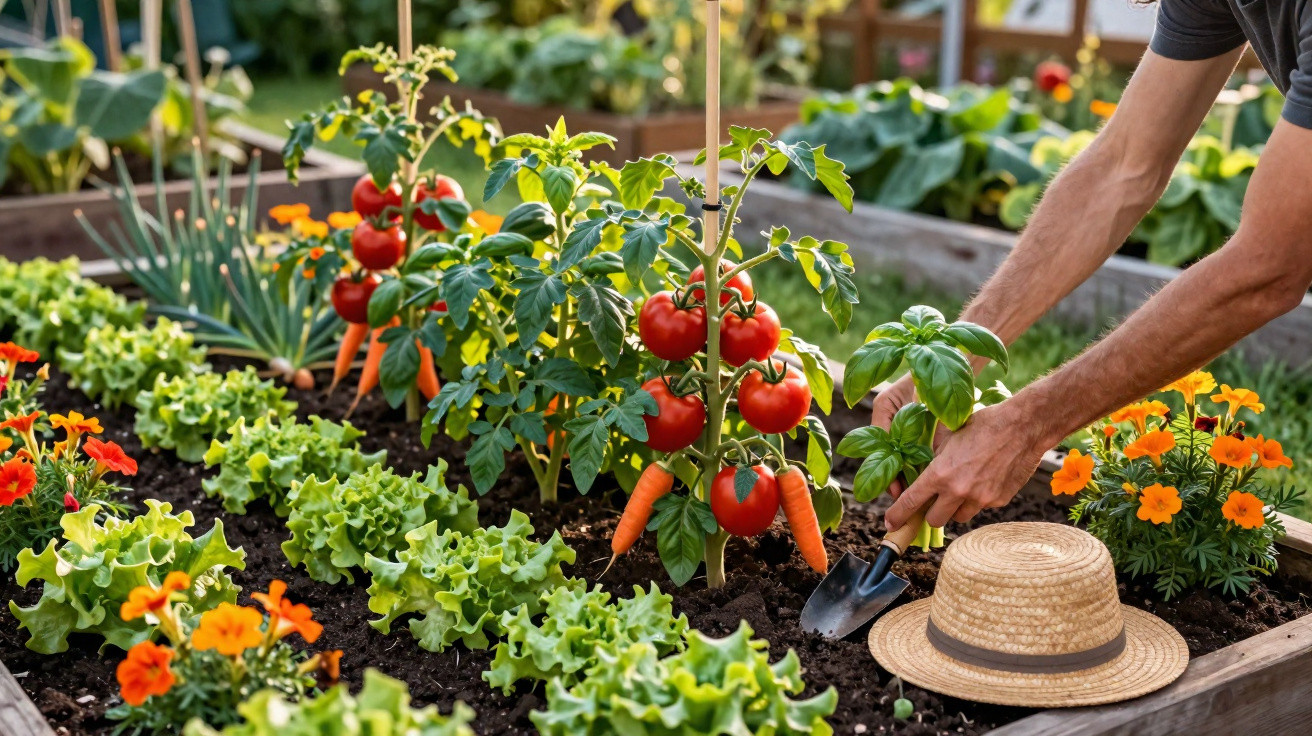 Horta com pés de tomate, cenoura, alface e flores; pessoa cuidando das plantas com uma pequena pá.