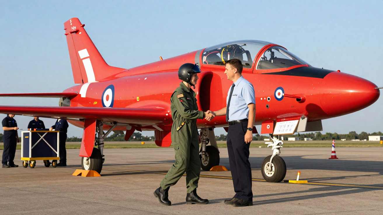 Piloto militar e oficial fazendo cumprimento diante de avião de treinamento vermelho na pista.