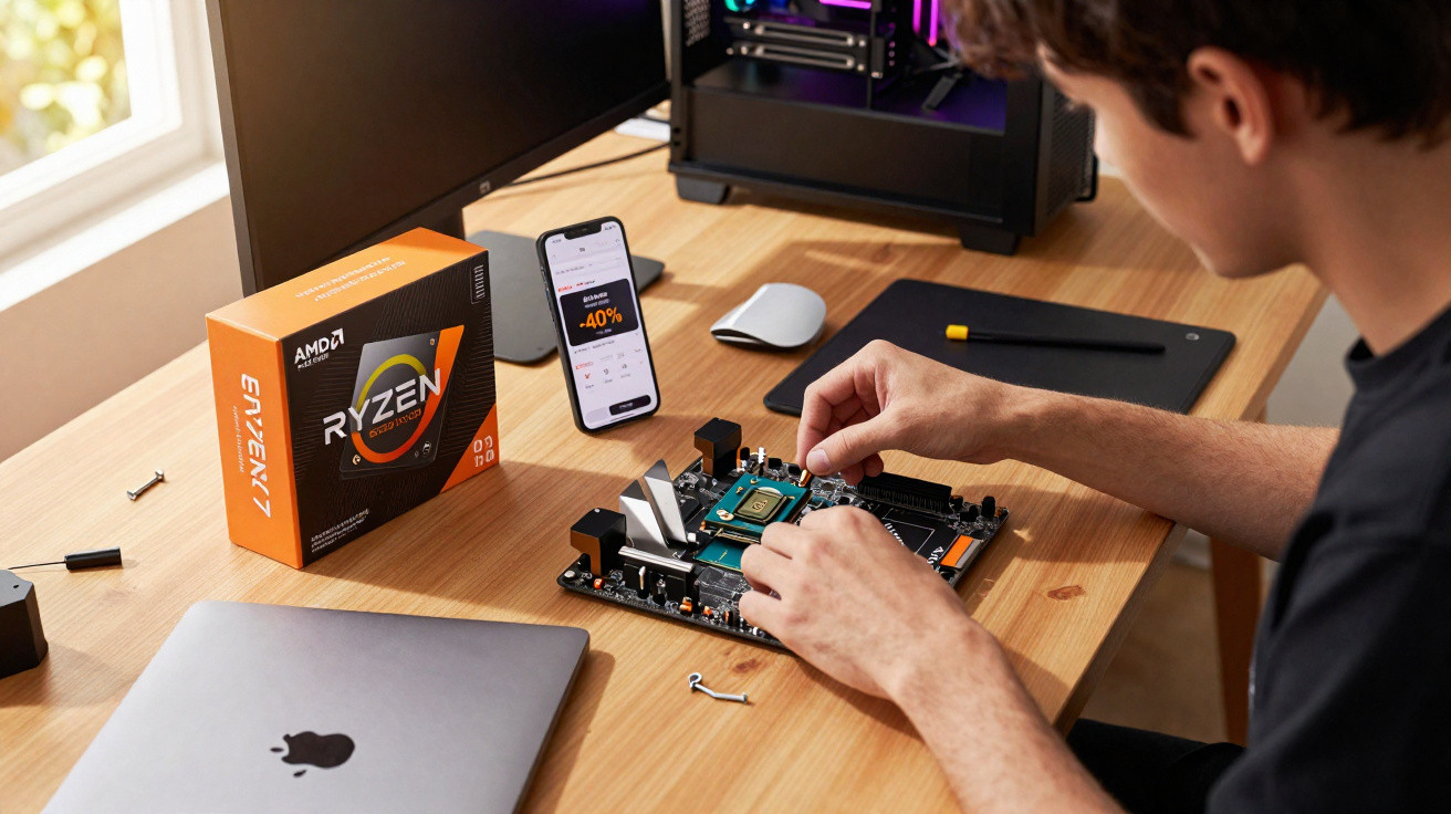 Pessoa montando computador com placa-mãe, processador AMD Ryzen 7 e laptop em mesa de madeira.