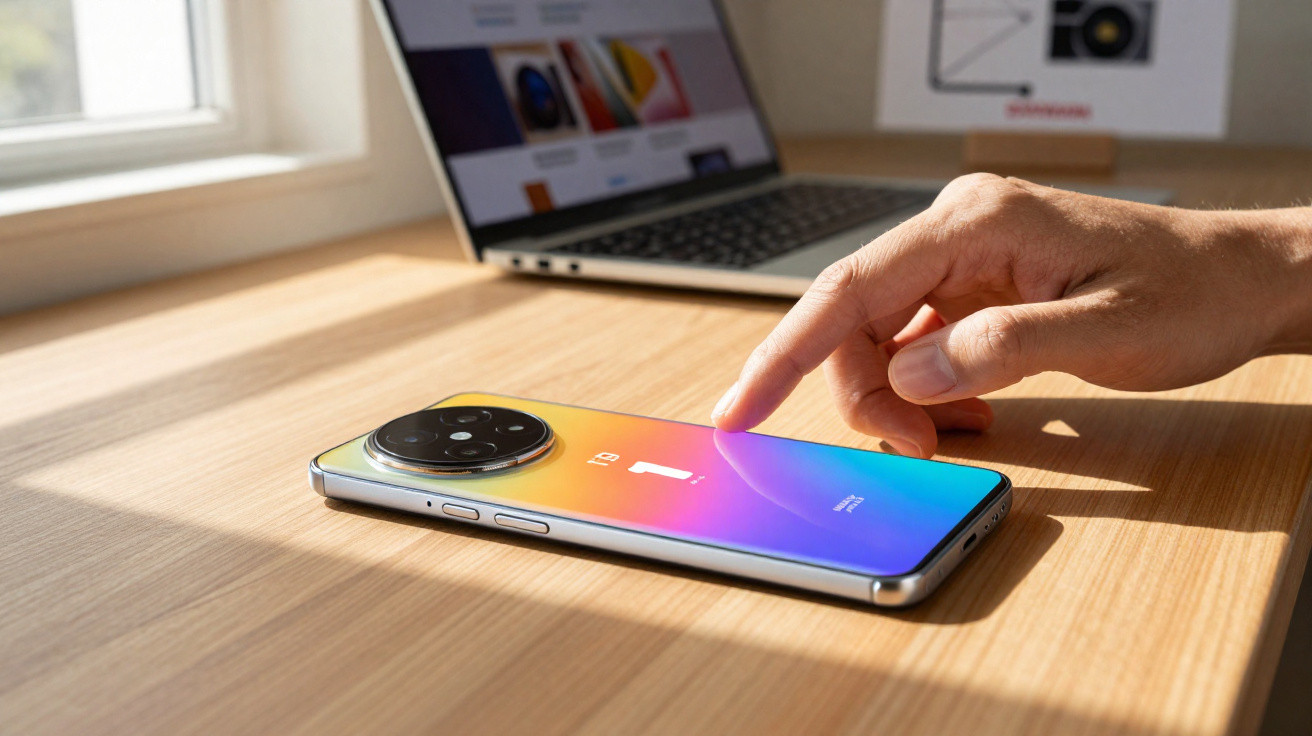 Mão tocando tela de smartphone colorido em superfície de madeira com notebook ao fundo.