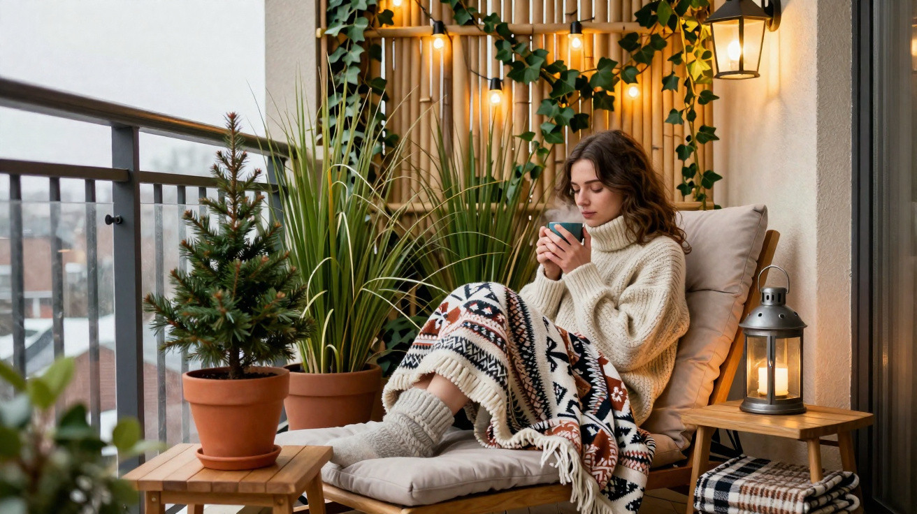 Mulher sentada em sofá na varanda com suéter, cobertor, segurando xícara, rodeada de plantas e luzes decorativas.