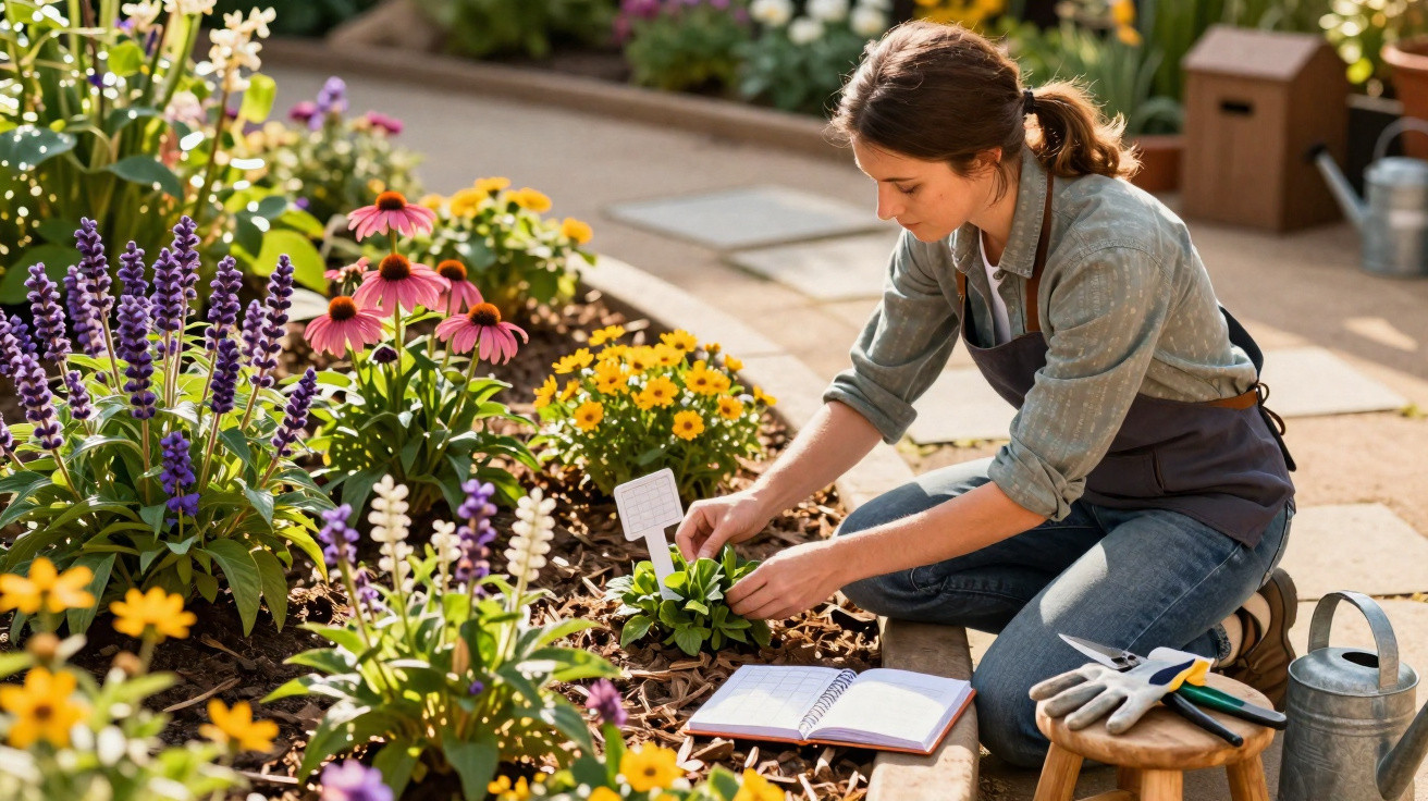 Mulher cuidando de plantas em jardim colorido com flores e ferramentas ao lado.