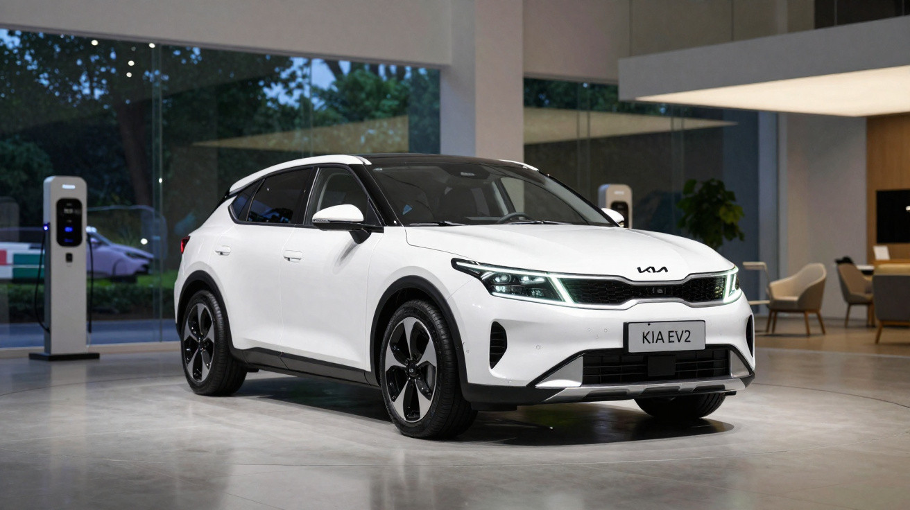 Carro elétrico branco Kia EV2 estacionado em ambiente interno moderno com estação de recarga ao fundo.