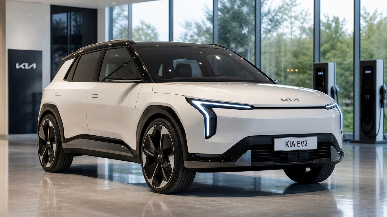 Carro elétrico SUV branco Kia EV2 em showroom moderno com grandes janelas de vidro.