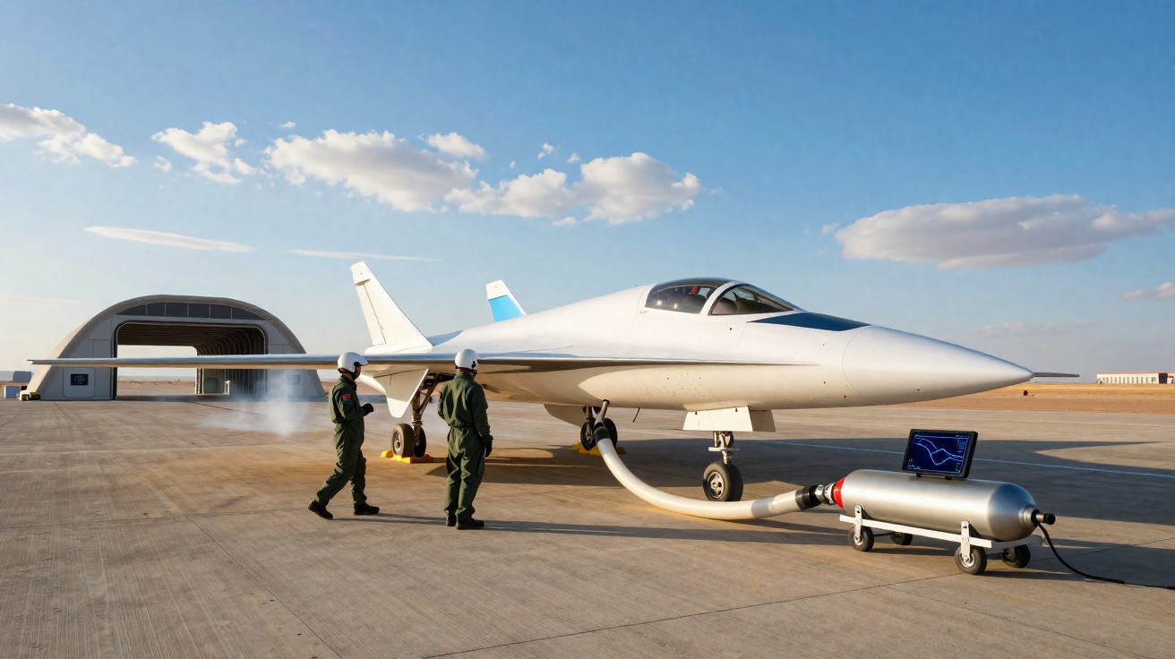 Aeronave futurista branca em pista, com dois técnicos e equipamento conectado para teste ou abastecimento.