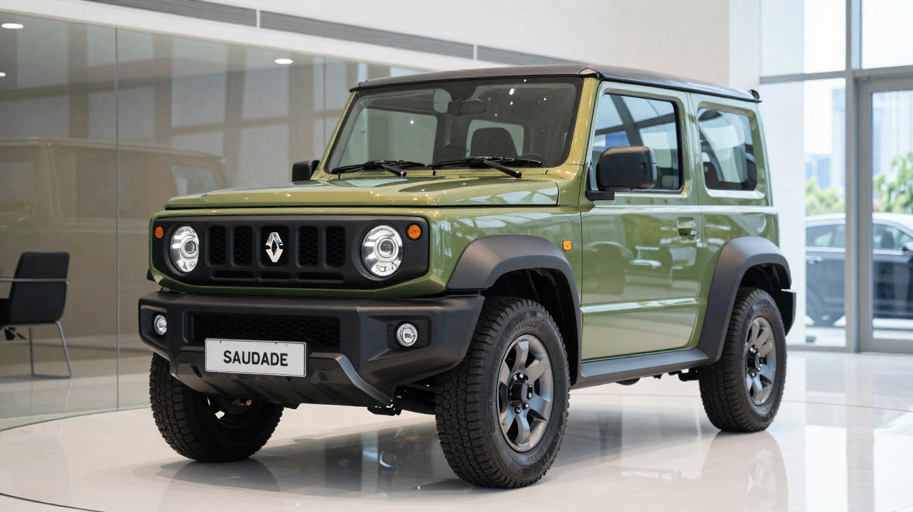 Carro SUV verde militar em showroom com placa personalizada "Saudade" em destaque frontal.