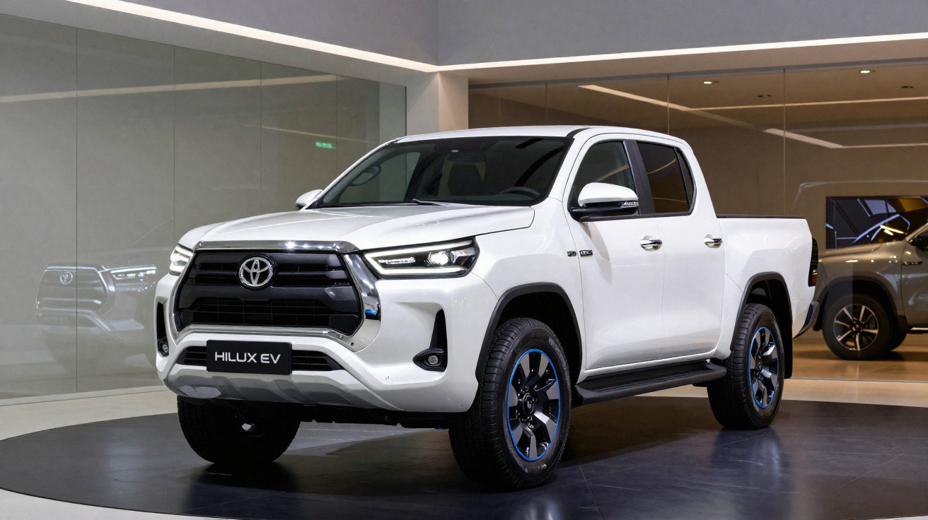 Picape Toyota Hilux EV branca exposta em showroom moderno com piso preto circular.