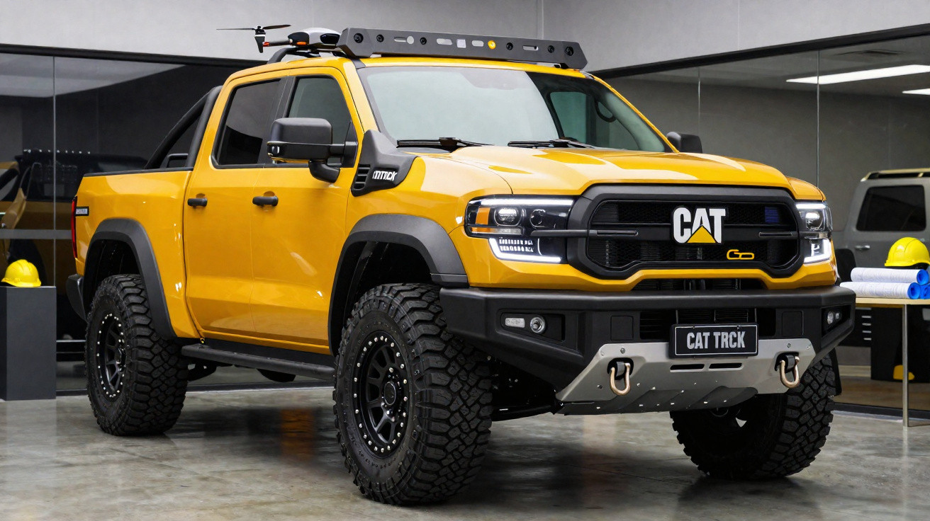 Caminhonete amarela CAT TRK robusta em ambiente interno, com design moderno e rodas off-road grandes.