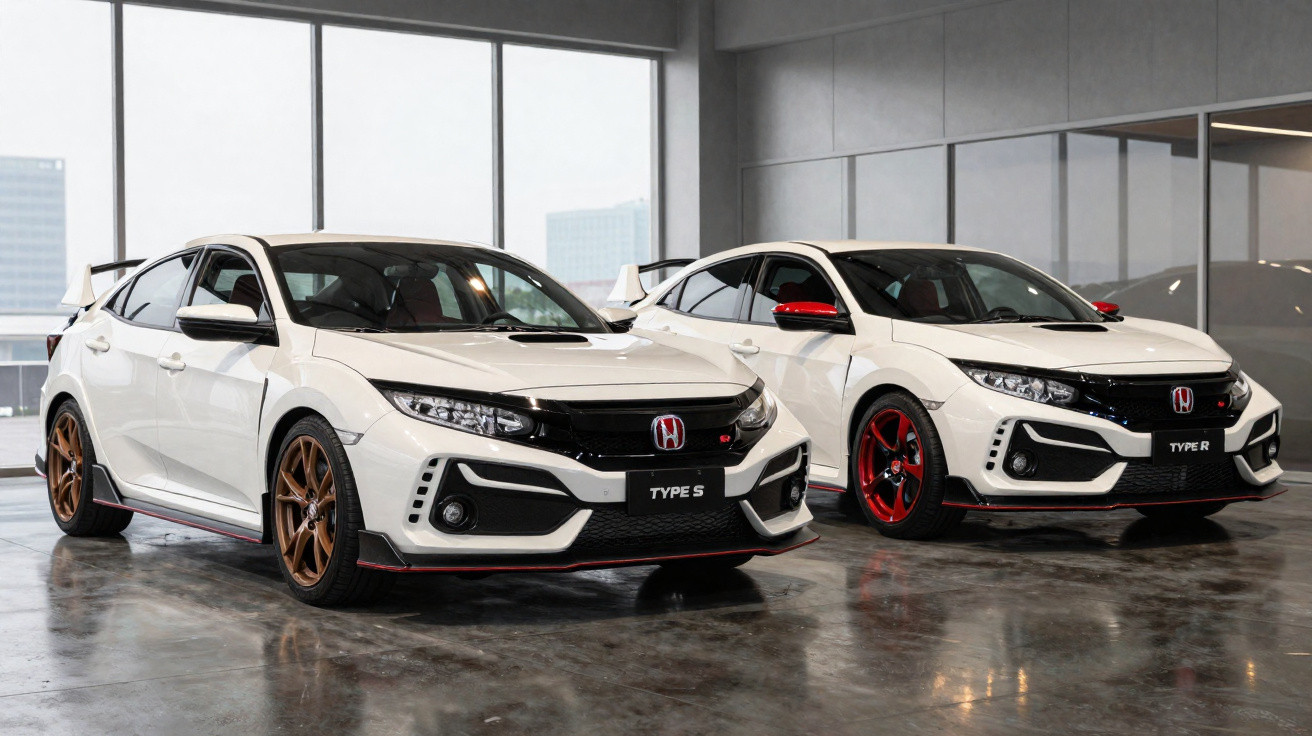 Dois carros esportivos Honda Civic brancos Type S e Type R estacionados em ambiente interno com piso cinza.