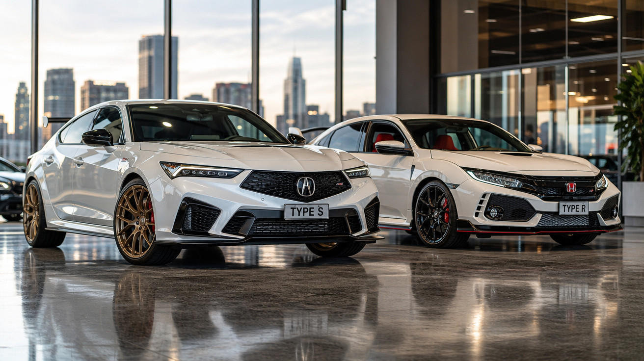 Dois carros esportivos brancos Acura Type S e Honda Type R exibidos em salão com prédios ao fundo.