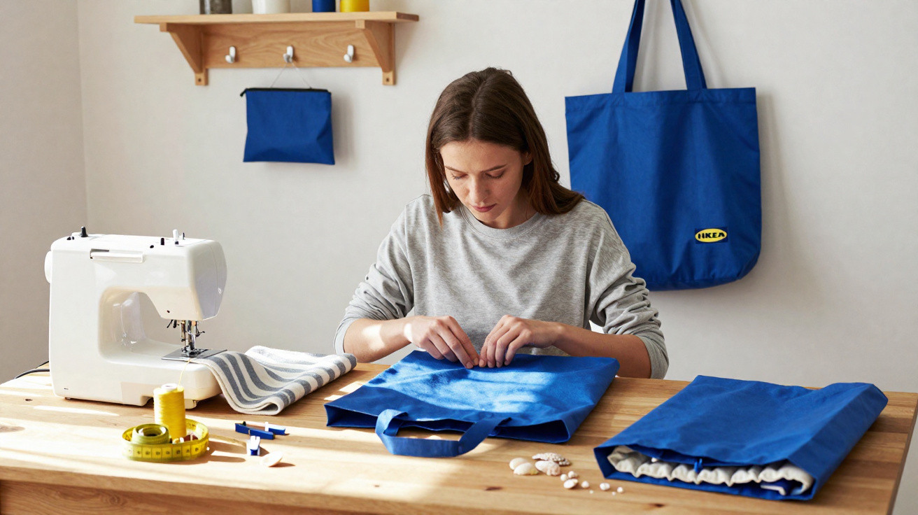 Mulher costurando bolsa azul em mesa com máquina de costura, linhas, fita métrica e botões.