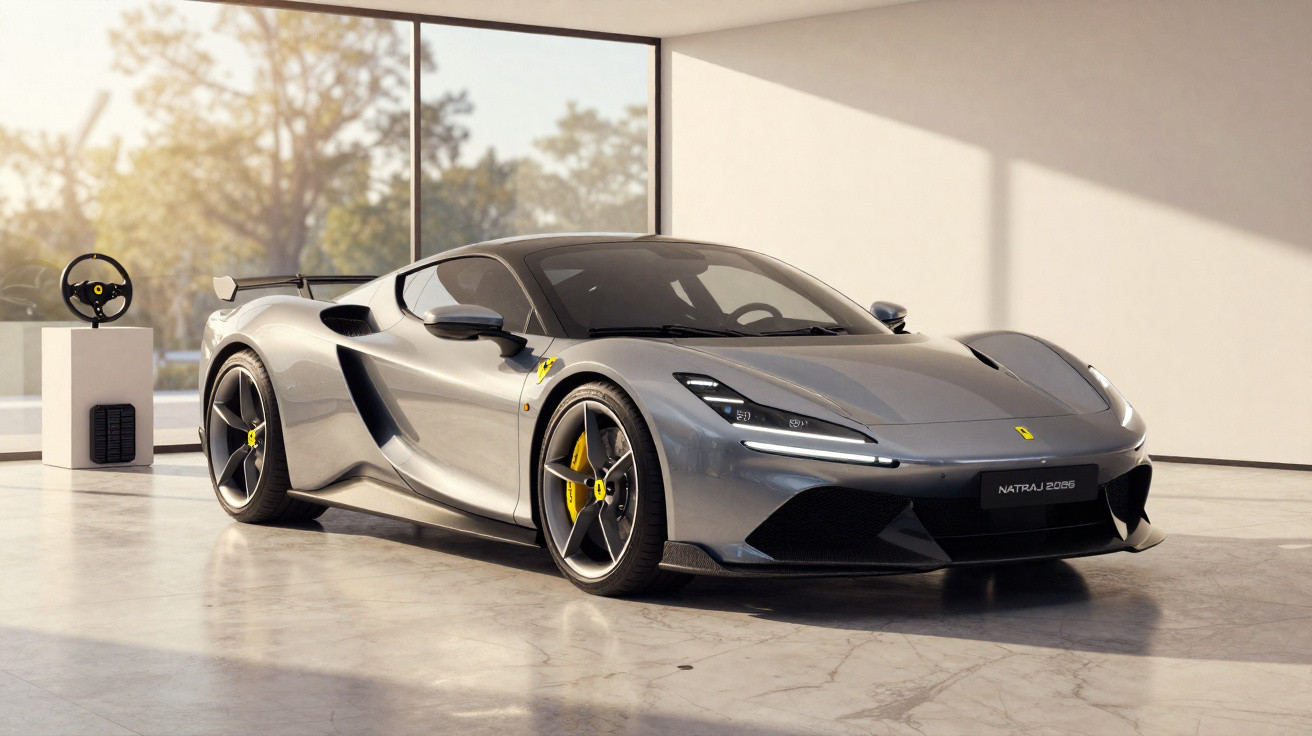 Carro esportivo cinza metálico Ferrari Natrak 2026 em show room moderno e iluminado.