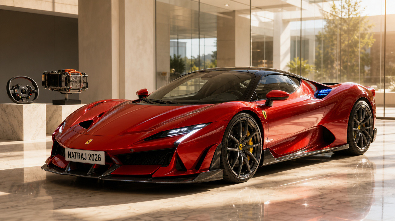 Carro esportivo vermelho Ferrari Natraj 2026 em exposição interna com luz natural.