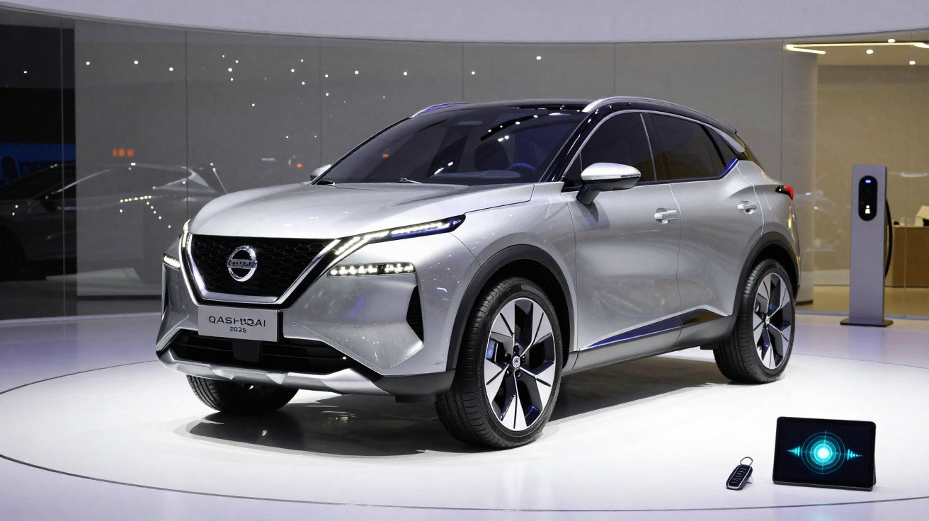 Carro elétrico Nissan Qashqai 2025 cinza exposto em estande iluminado com tablet e chave próximos.