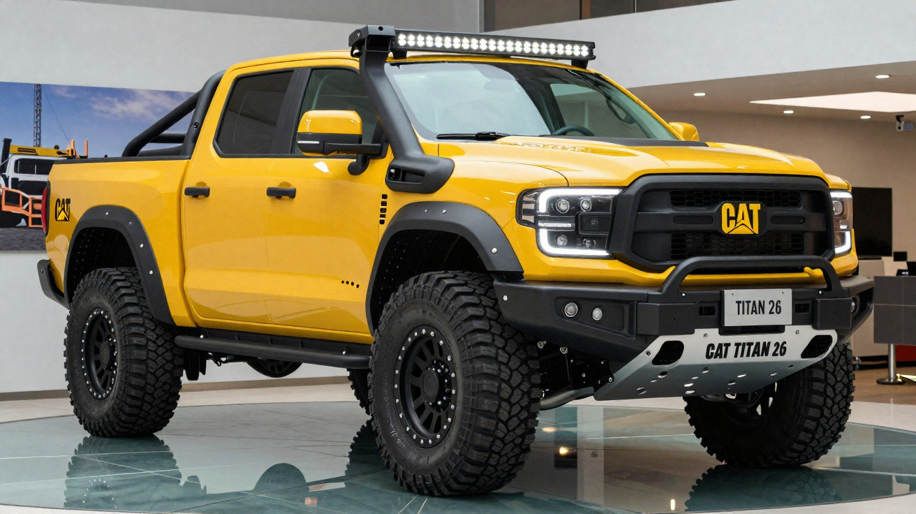 Picape off-road amarela CAT Titan 26 com pneus robustos e barra de LED no capô, exposta em showroom.