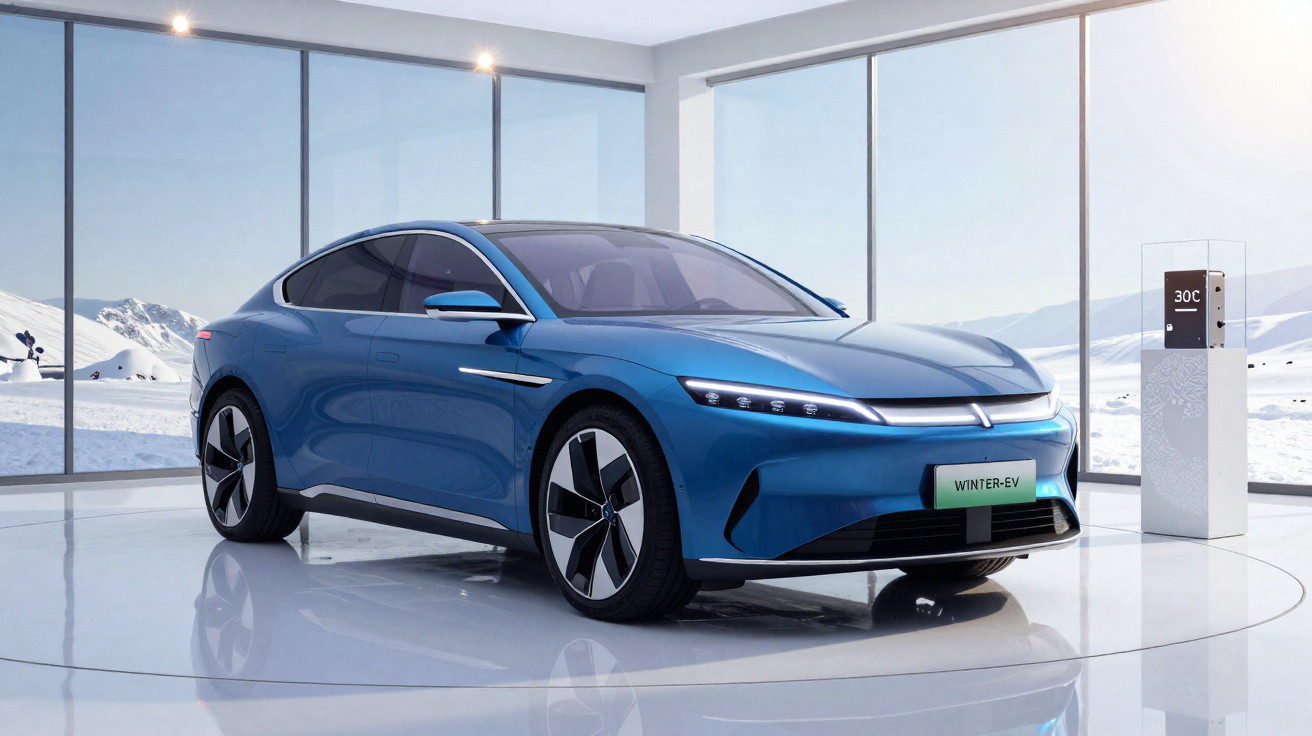Carro elétrico azul em ambiente interno moderno com vista para paisagem nevada ao fundo.