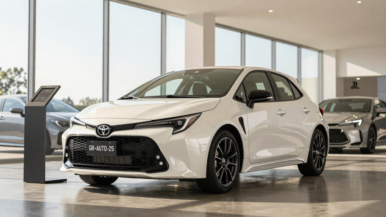 Carro branco modelo hatch Toyota Corolla exibido em showroom moderno com grandes janelas.