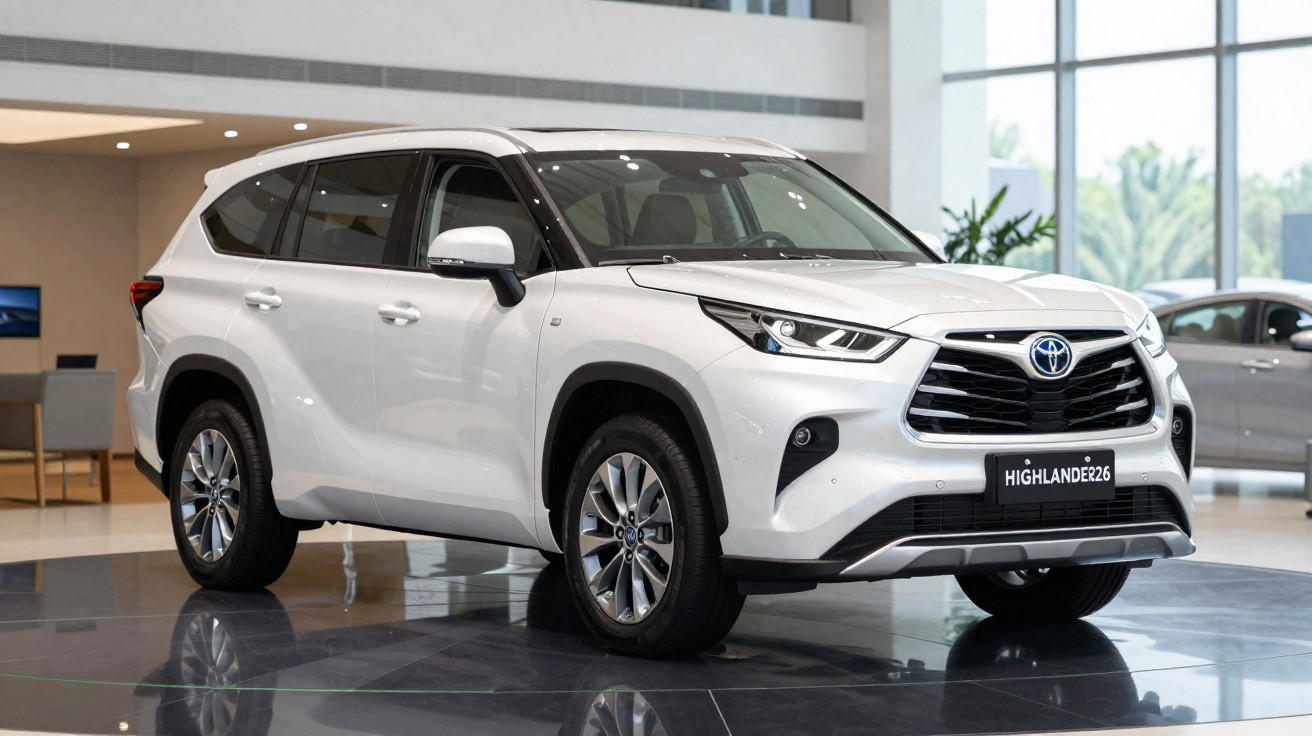 SUV branco Toyota Highlander exibido em showroom moderno com piso refletivo.